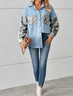 Women's Denim Jacket Outdoor Street Daily Wear Fall Winter Regular Coat Regular Fit Breathable Stylish Casual Jacket Long Sleeve Leopard with Pockets Print Black White Blue