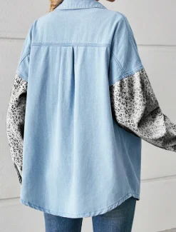 Women's Denim Jacket Outdoor Street Daily Wear Fall Winter Regular Coat Regular Fit Breathable Stylish Casual Jacket Long Sleeve Leopard with Pockets Print Black White Blue