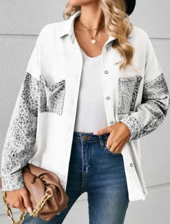 Women's Denim Jacket Outdoor Street Daily Wear Fall Winter Regular Coat Regular Fit Breathable Stylish Casual Jacket Long Sleeve Leopard with Pockets Print Black White Blue