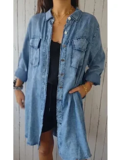 Women's Denim Jacket Outdoor Street Daily Wear Fall Winter Long Coat Regular Fit Thermal Warm Breathable Stylish Casual Jacket Long Sleeve Solid Color with Pockets Light Blue Navy Blue Dark Gray
