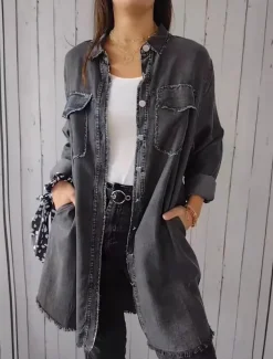 Women's Denim Jacket Outdoor Street Daily Wear Fall Winter Long Coat Regular Fit Thermal Warm Breathable Stylish Casual Jacket Long Sleeve Solid Color with Pockets Light Blue Navy Blue Dark Gray