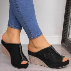 Women's Denim Wedge Sandals – Open-Toe Design with Frayed Hem and Pocket Detail, Casual Slip-On Mules for Everyday Wear