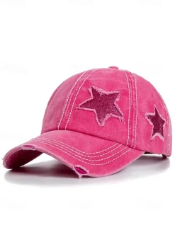 Women's Distressed Baseball Cap with Star Embroidery, Ponytail Hole Design, Adjustable Vintage Style Hat for Outdoor Activities, Sports, and Casual Wear