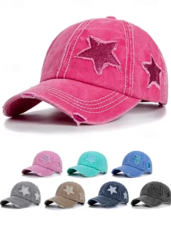 Women's Distressed Baseball Cap with Star Embroidery, Ponytail Hole Design, Adjustable Vintage Style Hat for Outdoor Activities, Sports, and Casual Wear