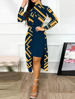 Women's Dress Set Casual Dress Casual Leopard Color Block Print Midi Dress Long Sleeve Stand Collar Outdoor Daily Yellow Red Navy Blue Summer Spring Regular Fit