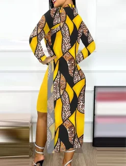 Women's Dress Set Casual Dress Casual Leopard Color Block Print Midi Dress Long Sleeve Stand Collar Outdoor Daily Yellow Red Navy Blue Summer Spring Regular Fit