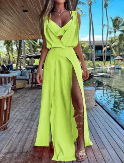 Women's Dress Set Casual Dress Skirt Set Swing Dress Fashion Modern Floral Plain Backless Split Long Dress Maxi Dress Sleeveless V Neck Outdoor Vacation Yellow Red Orange Summer Loose Fit
