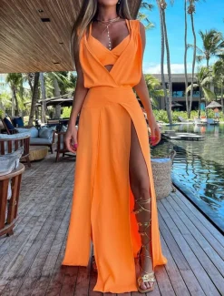 Women's Dress Set Casual Dress Skirt Set Swing Dress Fashion Modern Floral Plain Backless Split Long Dress Maxi Dress Sleeveless V Neck Outdoor Vacation Yellow Red Orange Summer Loose Fit