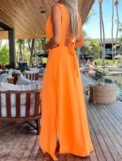 Women's Dress Set Casual Dress Skirt Set Swing Dress Fashion Modern Floral Plain Backless Split Long Dress Maxi Dress Sleeveless V Neck Outdoor Vacation Yellow Red Orange Summer Loose Fit
