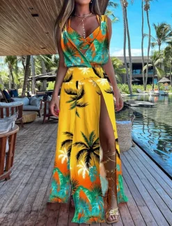 Women's Dress Set Casual Dress Skirt Set Swing Dress Fashion Modern Floral Plain Backless Split Long Dress Maxi Dress Sleeveless V Neck Outdoor Vacation Yellow Red Orange Summer Loose Fit