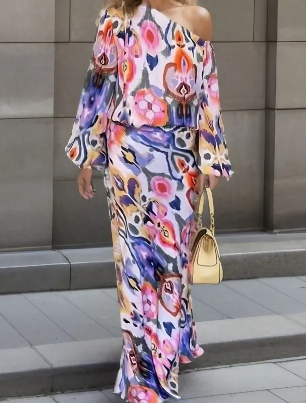 Women's Dress Set Casual Dress Sheath Dress Print Dress Fashion Streetwear Graphic Abstract Print Maxi Dress Long Sleeve One Shoulder Outdoor Vacation Red Royal Blue Sky Blue Summer Spring Loose Fit