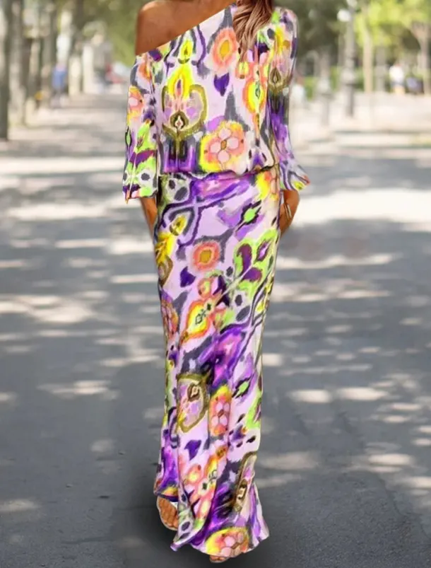 Women's Dress Set Casual Dress Sheath Dress Print Dress Fashion Streetwear Graphic Abstract Print Maxi Dress Long Sleeve One Shoulder Outdoor Vacation Red Royal Blue Sky Blue Summer Spring Loose Fit
