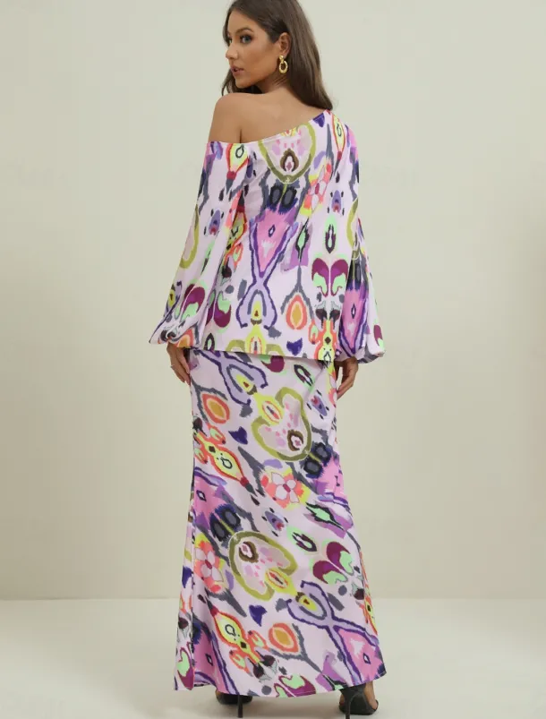 Women's Dress Set Casual Dress Sheath Dress Print Dress Fashion Streetwear Graphic Abstract Print Maxi Dress Long Sleeve One Shoulder Outdoor Vacation Red Royal Blue Sky Blue Summer Spring Loose Fit