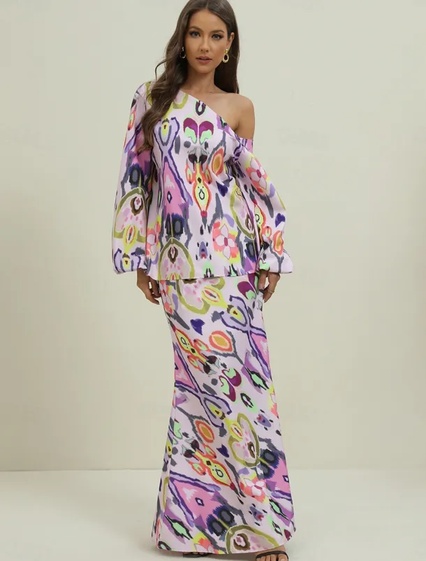 Women's Dress Set Casual Dress Sheath Dress Print Dress Fashion Streetwear Graphic Abstract Print Maxi Dress Long Sleeve One Shoulder Outdoor Vacation Red Royal Blue Sky Blue Summer Spring Loose Fit