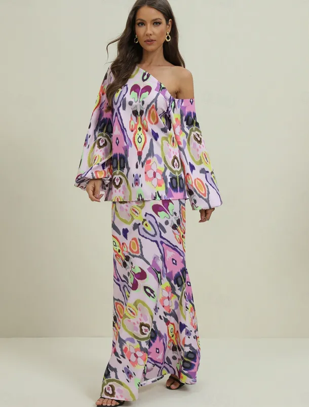 Women's Dress Set Casual Dress Sheath Dress Print Dress Fashion Streetwear Graphic Abstract Print Maxi Dress Long Sleeve One Shoulder Outdoor Vacation Red Royal Blue Sky Blue Summer Spring Loose Fit