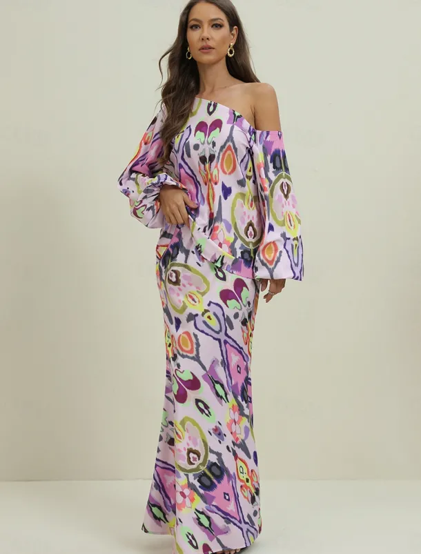 Women's Dress Set Casual Dress Sheath Dress Print Dress Fashion Streetwear Graphic Abstract Print Maxi Dress Long Sleeve One Shoulder Outdoor Vacation Red Royal Blue Sky Blue Summer Spring Loose Fit