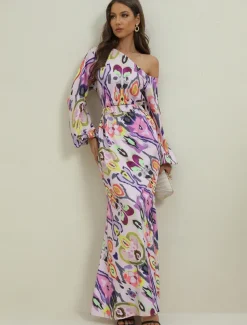 Women's Dress Set Casual Dress Sheath Dress Print Dress Fashion Streetwear Graphic Abstract Print Maxi Dress Long Sleeve One Shoulder Outdoor Vacation Red Royal Blue Sky Blue Summer Spring Loose Fit