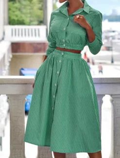 Women's Dress Set Shirt Dress Classic Modern Stripe Buttons Long Dress Maxi Dress 3/4 Length Sleeve Shirt Collar Office Daily Black Blue Green Summer Regular Fit