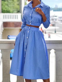 Women's Dress Set Shirt Dress Classic Modern Stripe Buttons Long Dress Maxi Dress 3/4 Length Sleeve Shirt Collar Office Daily Black Blue Green Summer Regular Fit