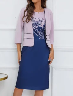 Women's Dress Set Two Piece Dress Floral Dress Midi Dress Purple 3/4 Length Sleeve Print Print Winter Fall Autumn Crew Neck Fashion Party Daily Wedding Guest 2023 S M L XL XXL 3XL