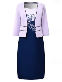 Women's Dress Set Two Piece Dress Floral Dress Midi Dress Purple 3/4 Length Sleeve Print Print Winter Fall Autumn Crew Neck Fashion Party Daily Wedding Guest 2023 S M L XL XXL 3XL