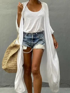 Women's Dressy Dusters Dressy Jackets Vacation Outdoor clothing Holiday Summer Spring Fall Coat Regular Fit Comfy Outdoor Swimming Sports Vacation Holiday Modern Jacket Pure Color Lace up Pleated