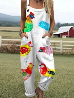 Women's Dungarees Active Animal Sleeveless Sleeveless Wide Leg Pocket Buttons Vacation Street Loose Fit White Blue Green Summer