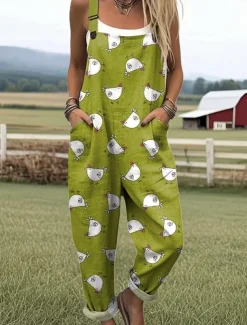 Women's Dungarees Active Animal Sleeveless Sleeveless Wide Leg Pocket Buttons Vacation Street Loose Fit Light Green Green Gray Summer