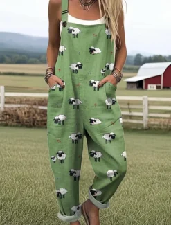Women's Dungarees Active Animal Sleeveless Sleeveless Wide Leg Pocket Buttons Vacation Street Loose Fit Light Green Green Gray Summer