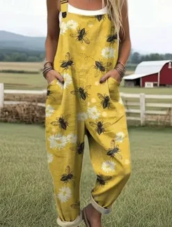 Women's Dungarees Active Floral Sleeveless Sleeveless Straight Square Neck Pocket with Pocket Vacation Street Loose Fit White Yellow Army Green Summer