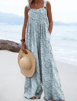 Women's Dungarees Active Floral Sleeveless Wide Leg Vacation Street Loose Fit Blue Purple Green Summer