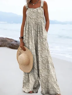 Women's Dungarees Active Floral Sleeveless Wide Leg Vacation Street Loose Fit Blue Purple Green Summer