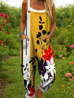 Women's Dungarees Active Floral Sleeveless Harem Drawstring with Pocket Vacation Street Loose Fit Yellow Red Blue Summer