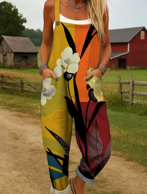 Women's Dungarees Active Floral Sleeveless Harem Drawstring with Pocket Vacation Street Loose Fit Yellow Red Blue Summer