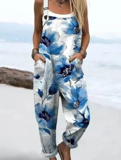 Women's Dungarees Active Floral Sleeveless Sleeveless Straight Square Neck Pocket with Pocket Vacation Daily Loose Fit Blue Purple Orange Summer