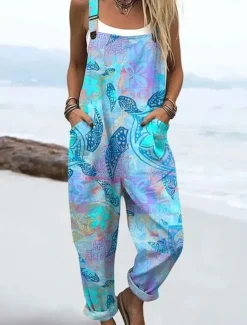 Women's Dungarees Active Floral Sleeveless Sleeveless Straight Square Neck Pocket with Pocket Vacation Daily Loose Fit Yellow Pink Blue Summer