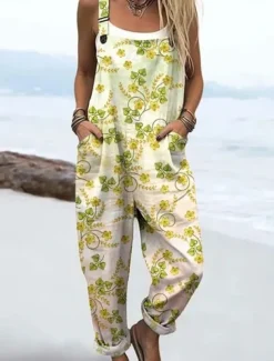 Women's Dungarees Active Floral Sleeveless Sleeveless Straight Square Neck Pocket with Pocket Vacation Daily Loose Fit Yellow Pink Blue Summer