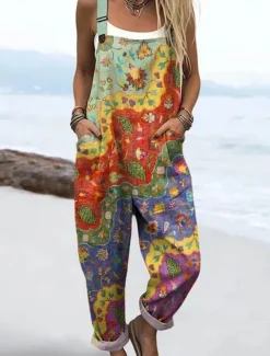 Women's Dungarees Active Floral Sleeveless Sleeveless Straight Square Neck Pocket with Pocket Vacation Daily Loose Fit Pink Purple Khaki Summer