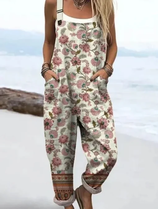 Women's Dungarees Active Floral Sleeveless Sleeveless Straight Square Neck Pocket with Pocket Vacation Daily Loose Fit Pink Purple Khaki Summer