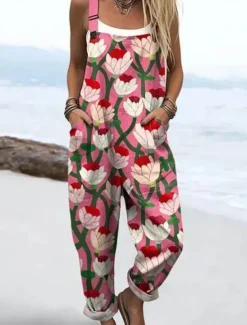 Women's Dungarees Active Floral Sleeveless Sleeveless Straight Square Neck Pocket with Pocket Vacation Daily Loose Fit Pink Red Beige Summer