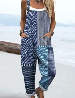 Women's Dungarees Active Floral Sleeveless Sleeveless Straight Square Neck Patchwork Pocket Vacation Daily Loose Fit Pink Blue Purple Summer