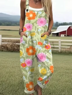 Women's Dungarees Active Floral Sleeveless Sleeveless Straight Square Neck Pocket with Pocket Vacation Daily Loose Fit White Pink Blue Summer