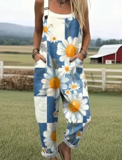 Women's Dungarees Active Floral Sleeveless Sleeveless Straight Square Neck Pocket with Pocket Vacation Daily Loose Fit White Pink Blue Summer