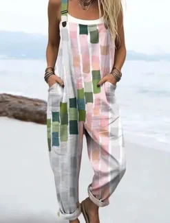 Women's Dungarees Active Floral Sleeveless Sleeveless Straight Square Neck Pocket with Pocket Vacation Daily Loose Fit White Pink Purple Summer