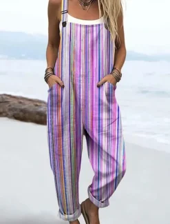 Women's Dungarees Active Floral Sleeveless Sleeveless Straight Square Neck Pocket with Pocket Vacation Daily Loose Fit White Pink Purple Summer