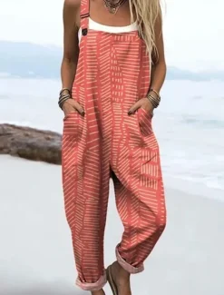 Women's Dungarees Active Floral Sleeveless Sleeveless Straight Square Neck Pocket with Pocket Vacation Daily Loose Fit Pink Orange Khaki Summer