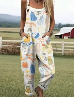 Women's Dungarees Active Floral Sleeveless Sleeveless Straight Square Neck Pocket with Pocket Vacation Daily Loose Fit White Pink Green Summer