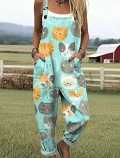 Women's Dungarees Active Floral Sleeveless Sleeveless Straight Square Neck Pocket with Pocket Vacation Daily Loose Fit White Pink Green Summer