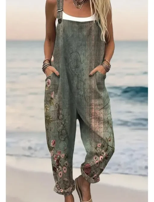 Women's Dungarees Active Floral Sleeveless Sleeveless Harem Square Neck Pocket with Pocket Vacation Daily Loose Fit Army Green Green Beige Summer