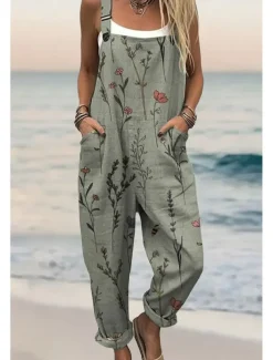 Women's Dungarees Active Floral Sleeveless Sleeveless Harem Square Neck Pocket with Pocket Vacation Daily Loose Fit Army Green Green Beige Summer